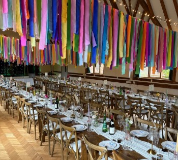 The main hall dressed for a wedding reception